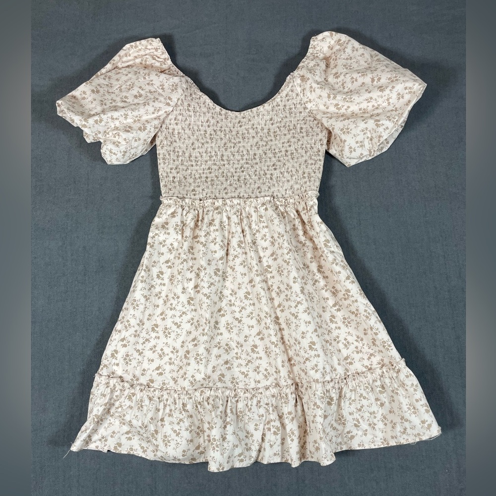 And Now This Smocked Cream Floral Mini Dress with Puff Sleeves– Size Small